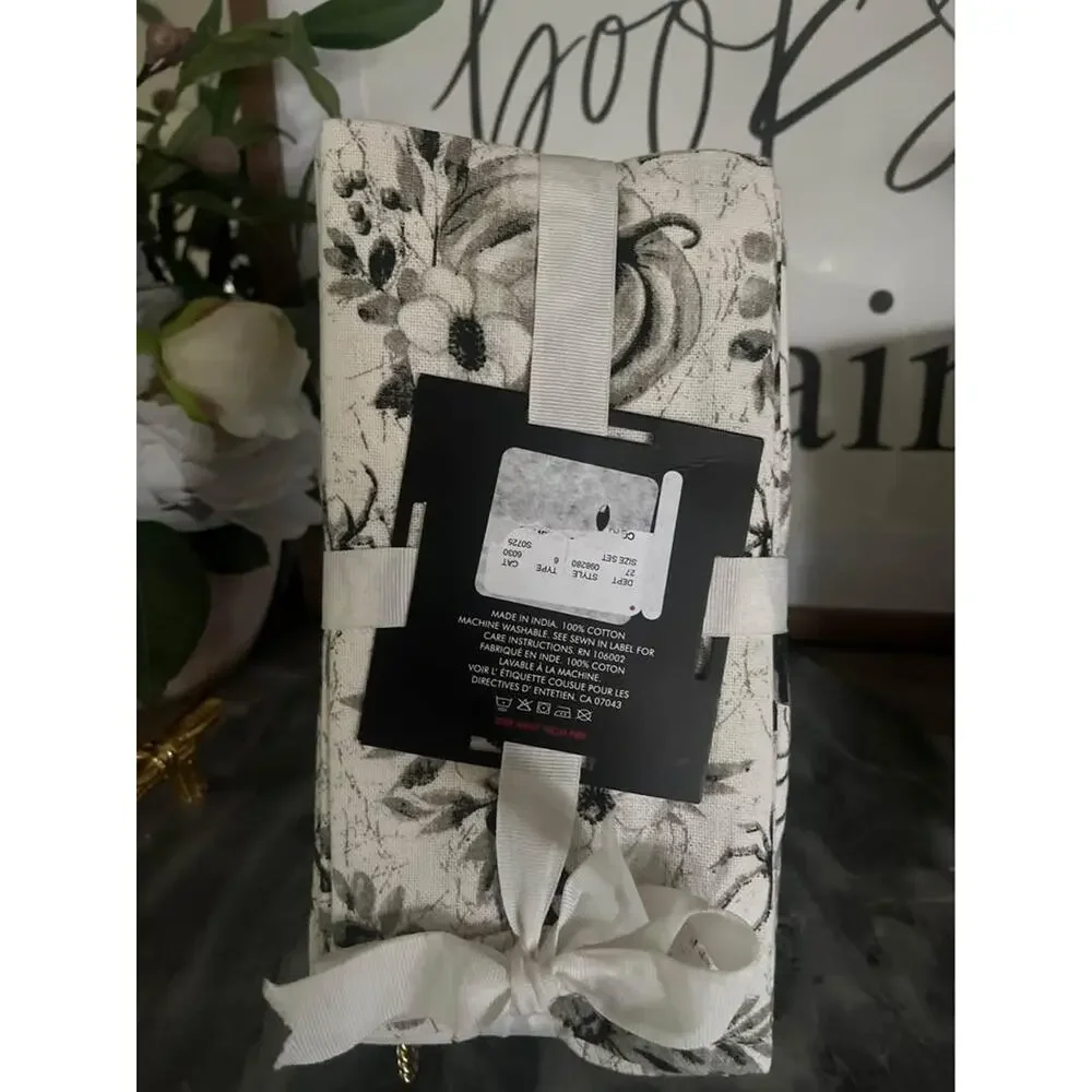 NWT Tahari Home Halloween Napkins (6) Black White Spooky Pumpkins Bats Spiders